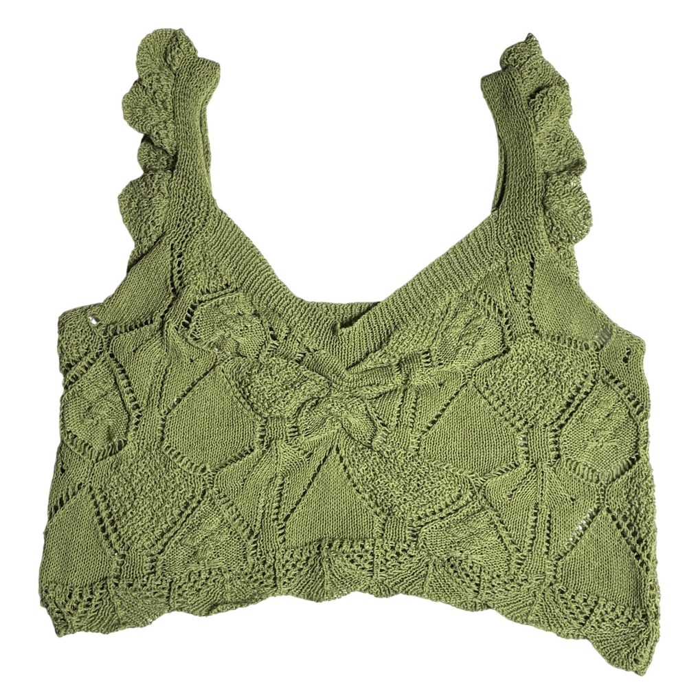 Dreamers by Debut Green Crochet Ruffle‎ Strap Crop Top XL Cottagecore Boho